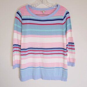 Talbots Knit Sweater Multi Color Pastel Striped 3/4 Sleeve Sweater - Small
